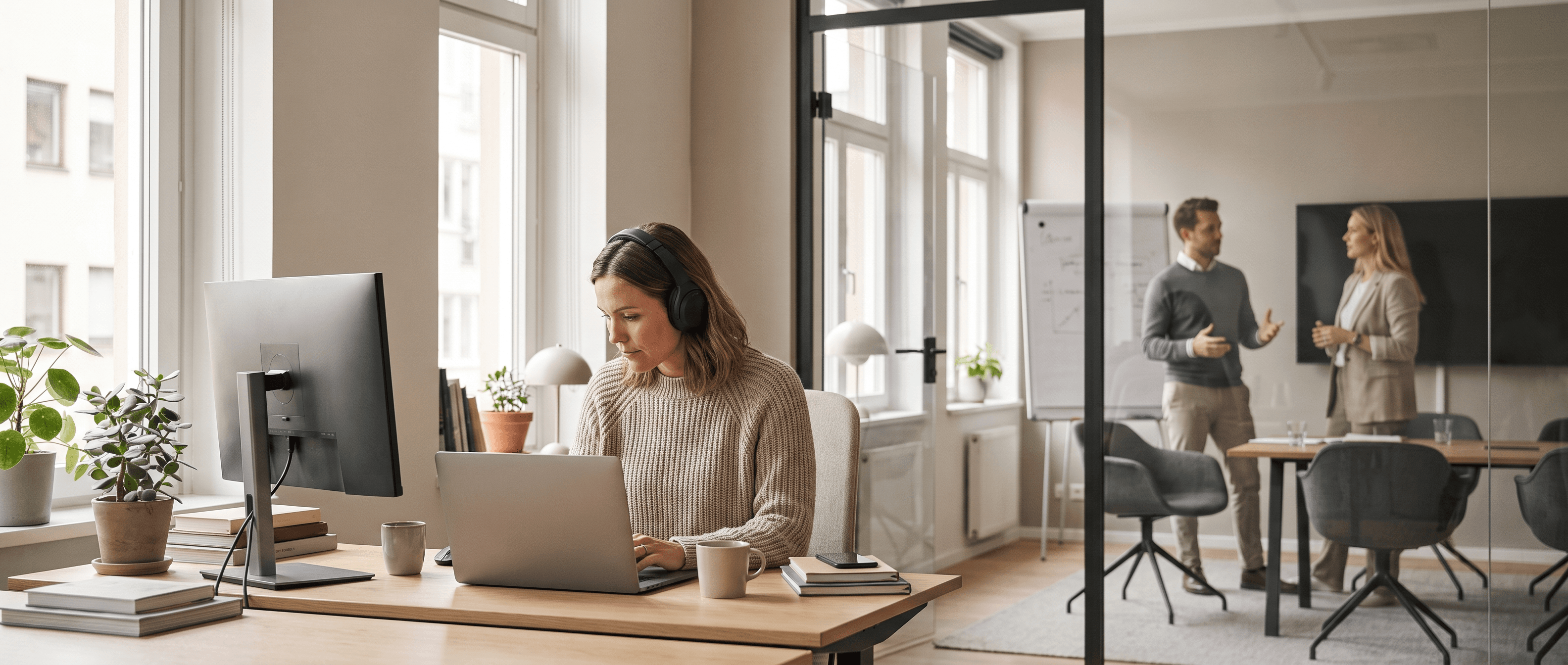 Hybrid teammates working together in a modern office